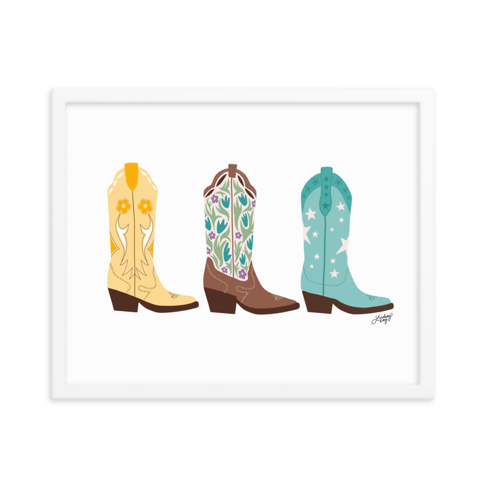 cowboy boots illustration colorful blue yellow brown artwork framed matte print wall art poster lindsey kay collective
