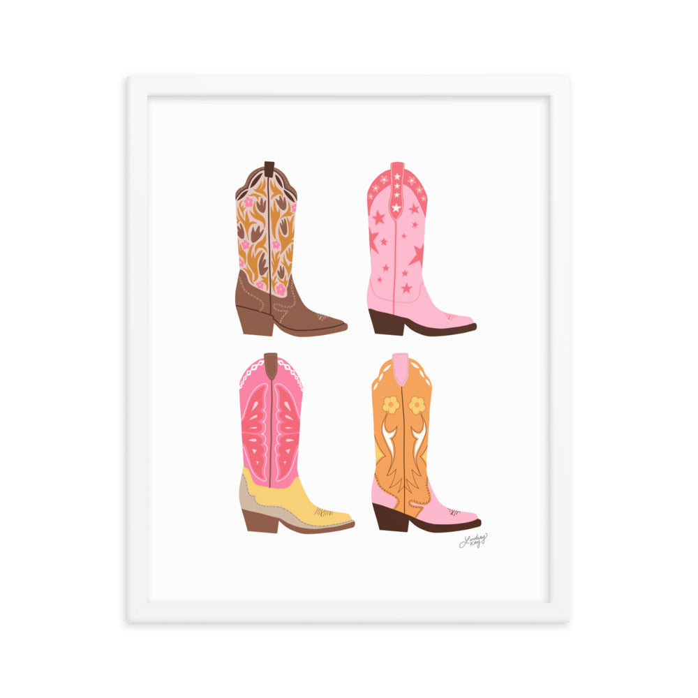 Ilustración vertical de botas de vaquero (paleta cálida) - Impresión mate enmarcada