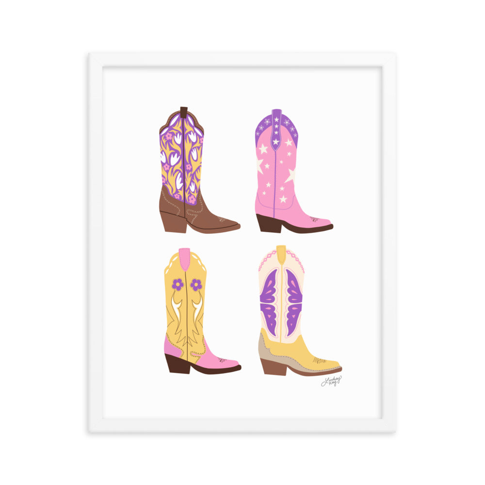 Illustration de bottes de cowboy (palette rose/violet/jaune) - Impression mate encadrée