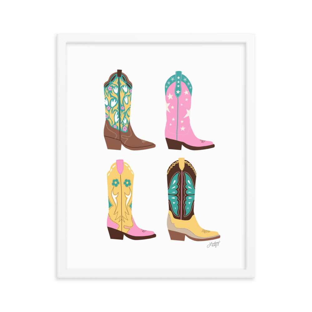 Ilustración de botas de vaquero (paleta rosa/amarillo/turquesa) - Impresión mate enmarcada