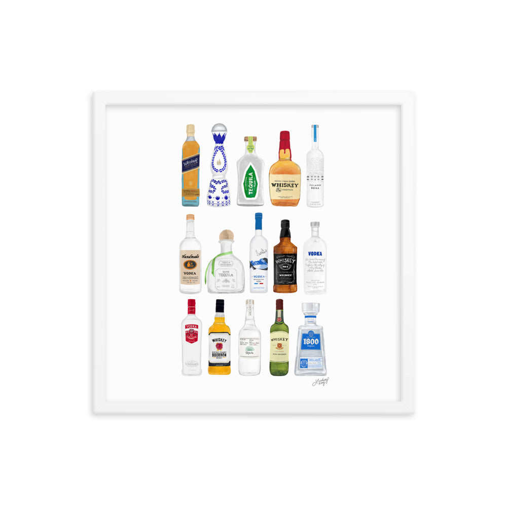 Whiskey, Tequila and Vodka Bottles Illustration - Framed Matte Print