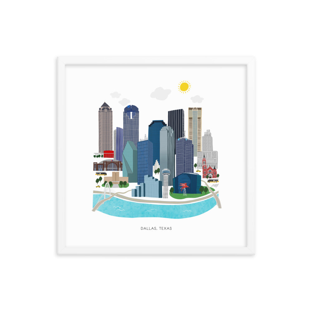 Dallas texas illustration cityscape skyline framed art print poster wall art lindsey kay collective