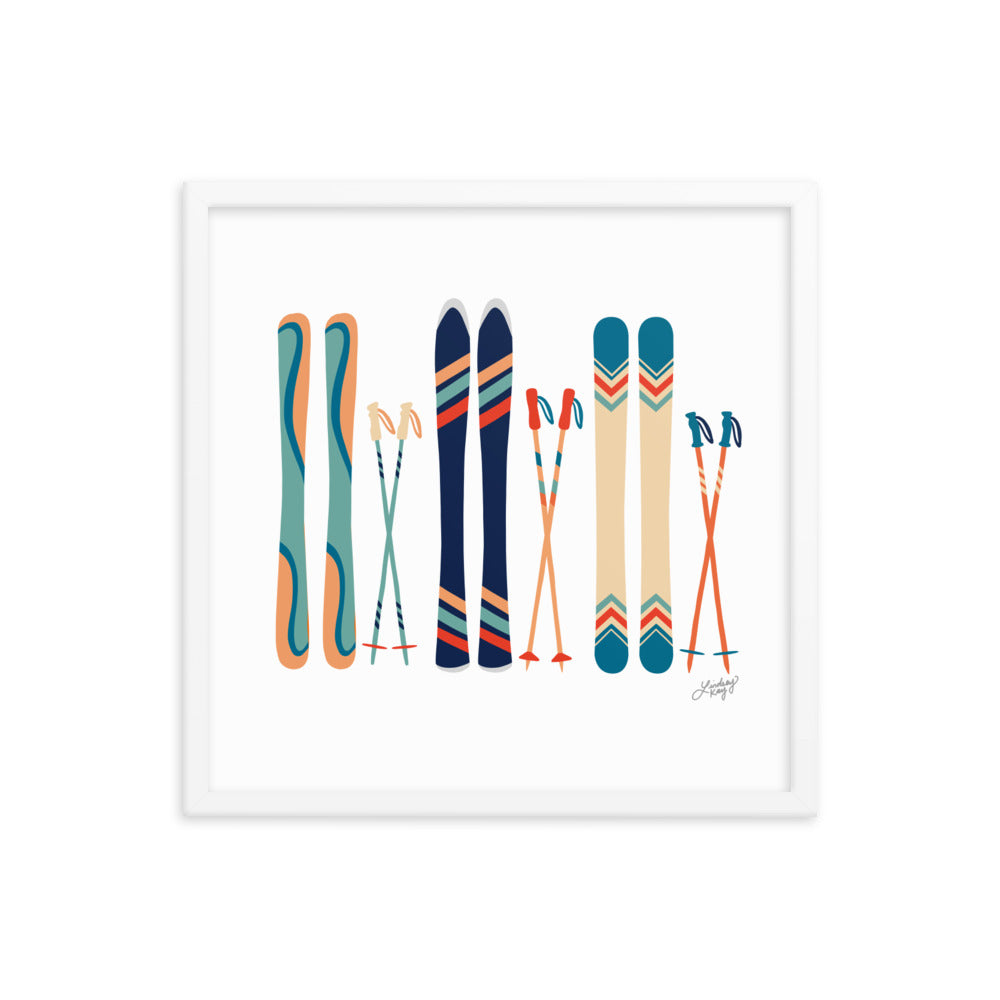 Illustration de ski (palette bleu sarcelle/bleu/orange) - Impression artistique encadrée