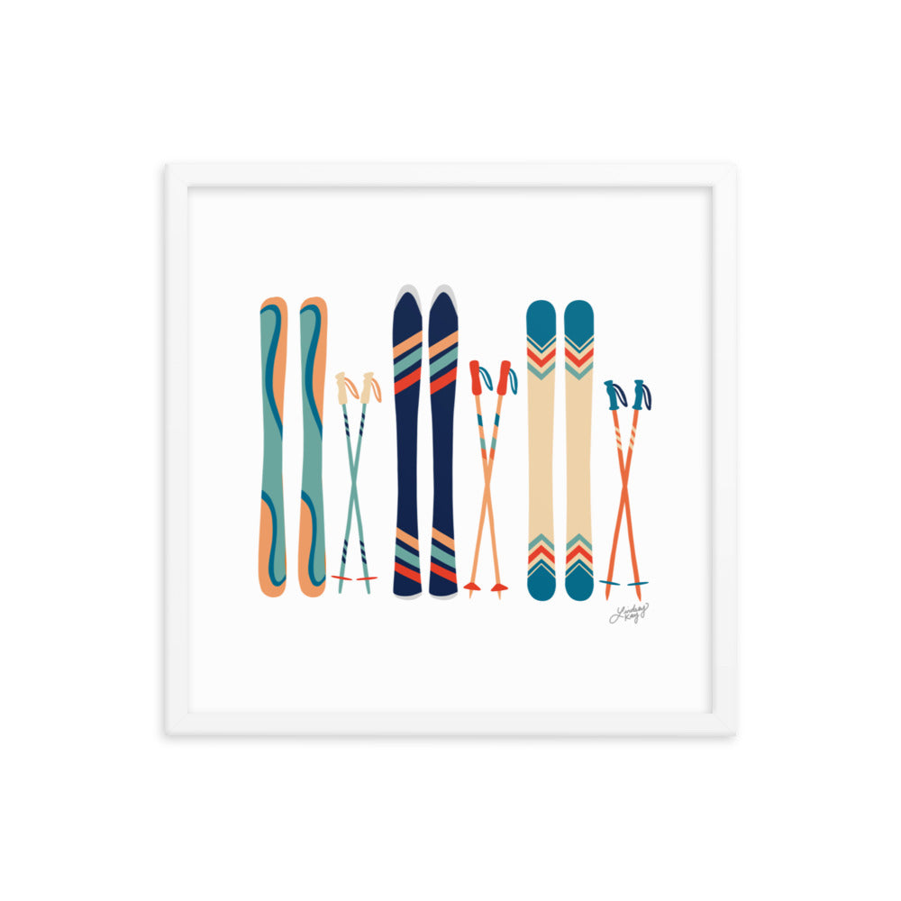 Illustration de ski (palette bleu sarcelle/bleu/orange) - Impression d'art paysager encadrée