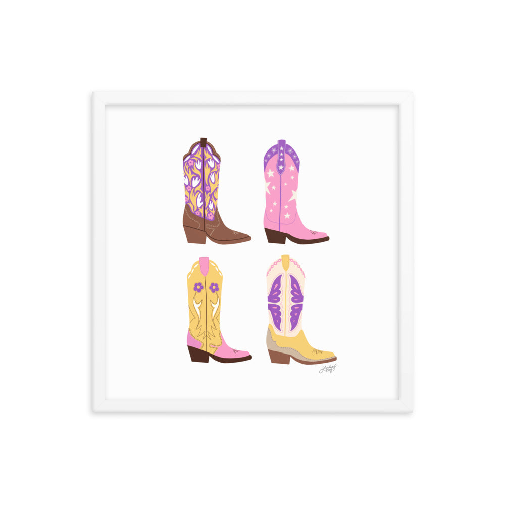 Illustration de bottes de cowboy (palette rose/violet/jaune) - Impression mate encadrée