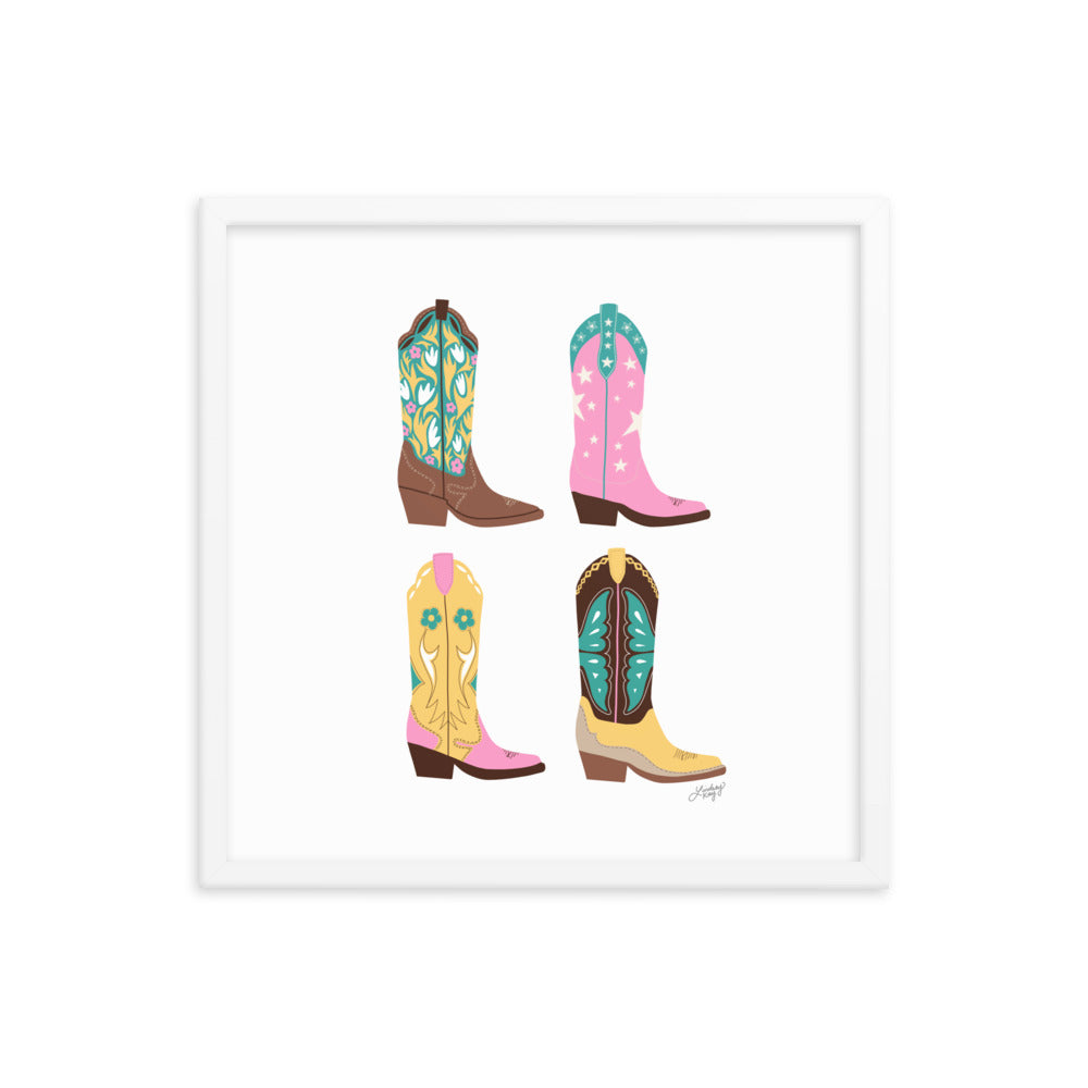 Ilustración de botas de vaquero (paleta rosa/amarillo/turquesa) - Impresión mate enmarcada