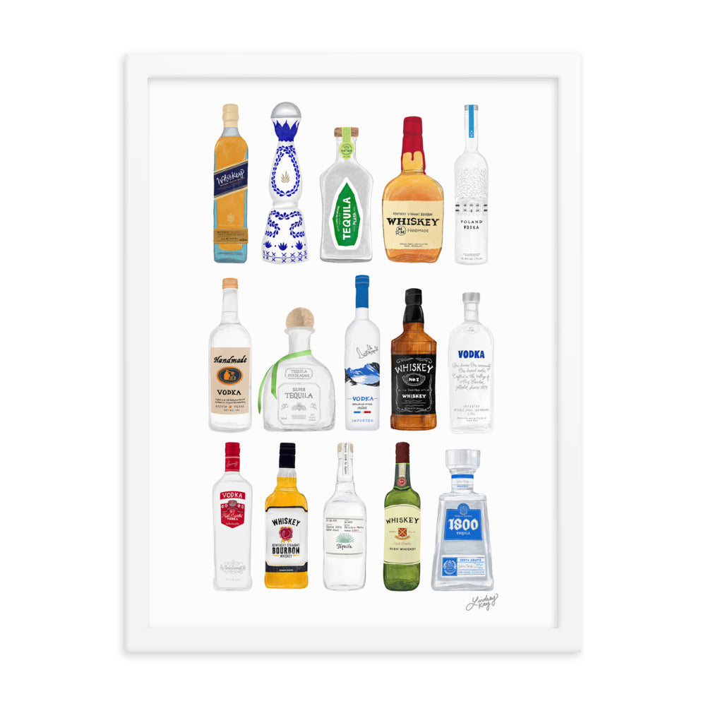 Whiskey, Tequila and Vodka Bottles Illustration - Framed Matte Print