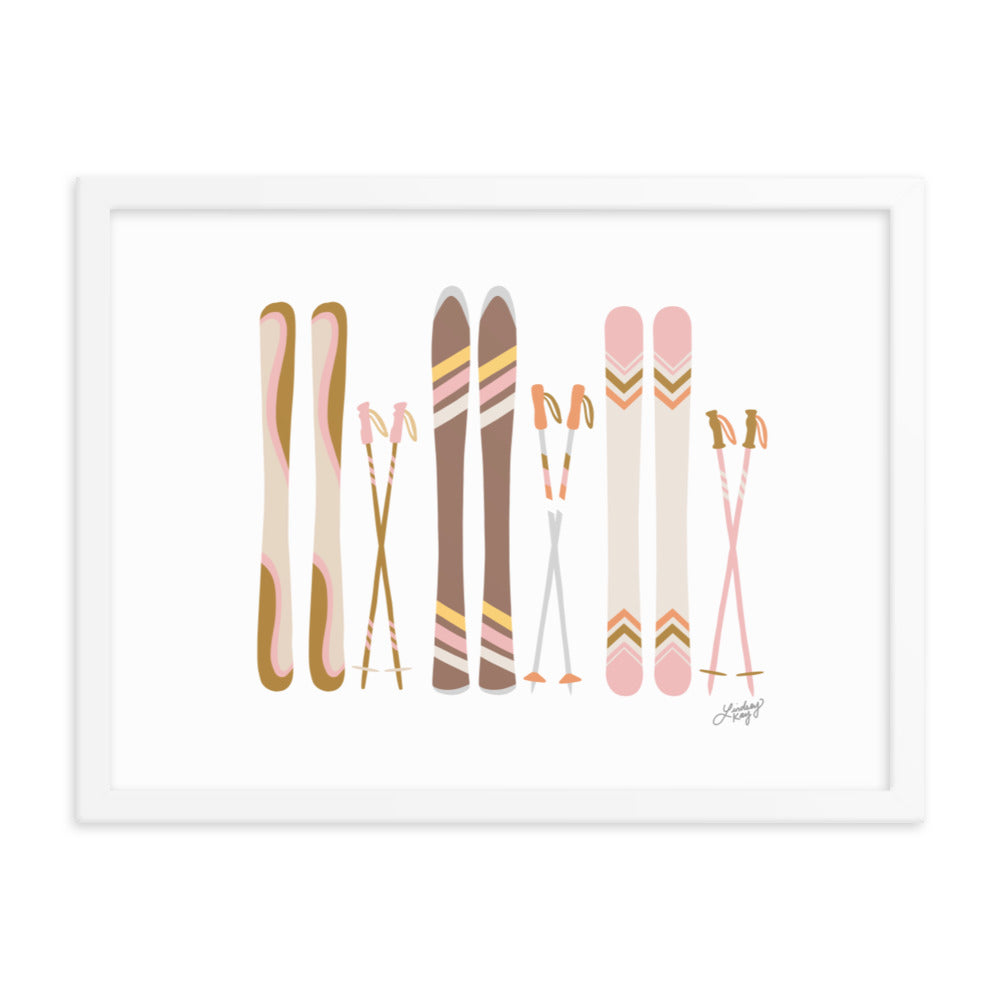 horizontal landscape Framed skis illustration art print poster wall art black white frame multiple sizes lindsey kay collective