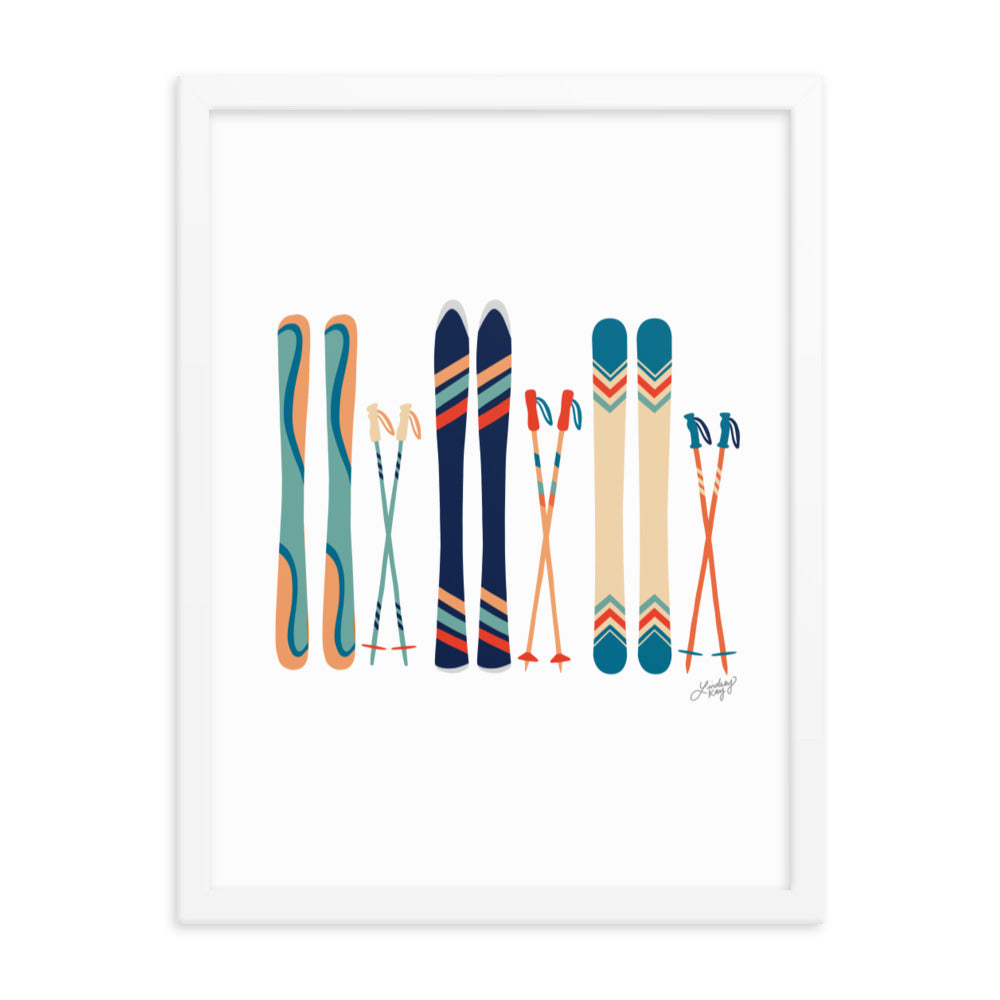 Illustration de ski (palette bleu sarcelle/bleu/orange) - Impression artistique encadrée