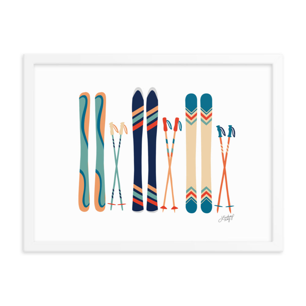 Illustration de ski (palette bleu sarcelle/bleu/orange) - Impression d'art paysager encadrée