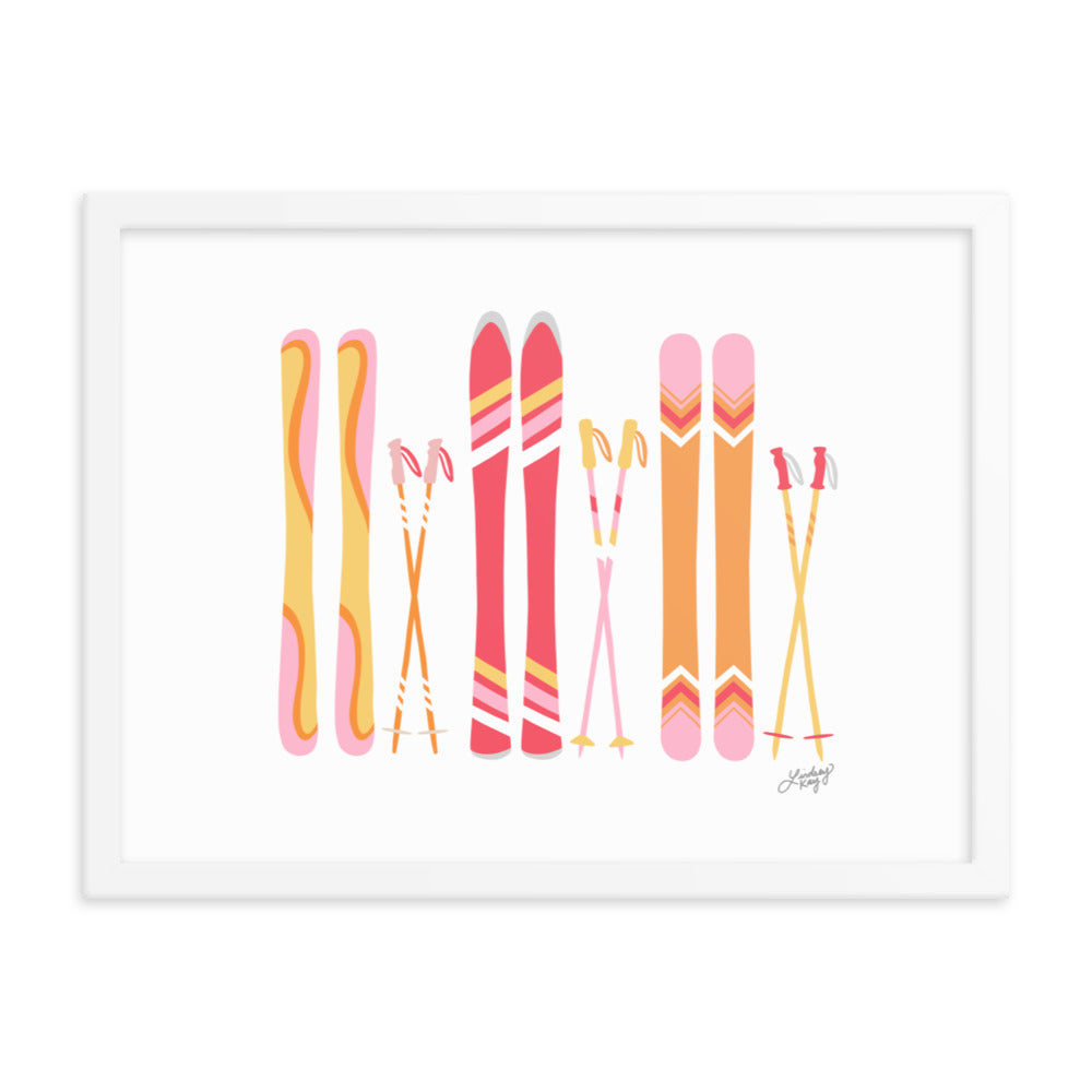 Framed art retro colors ski's illustration art print poster colorful cabin mountains decor pink yellow orange lindsey kay collective
