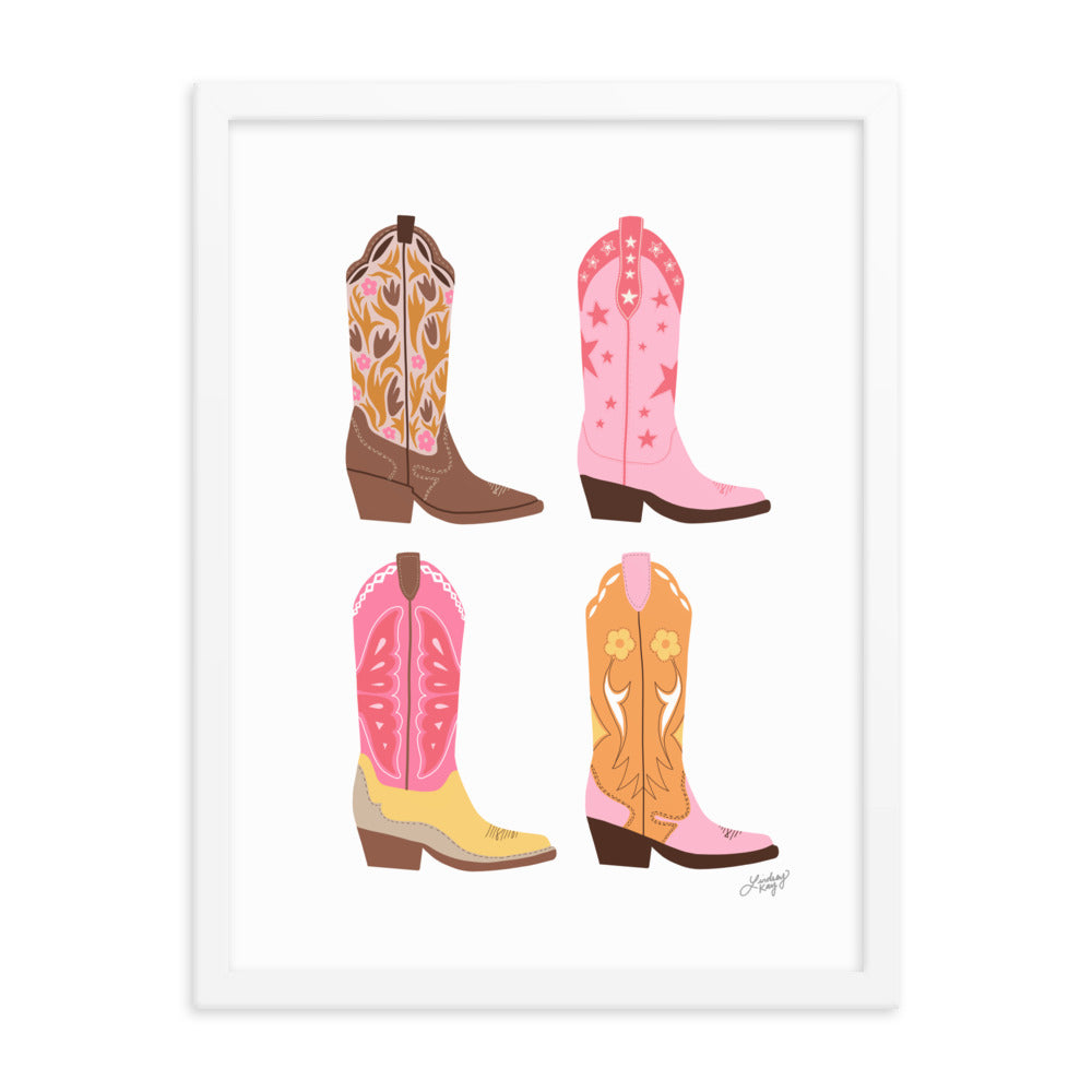 Illustration verticale de bottes de cowboy (palette chaude) - Impression mate encadrée