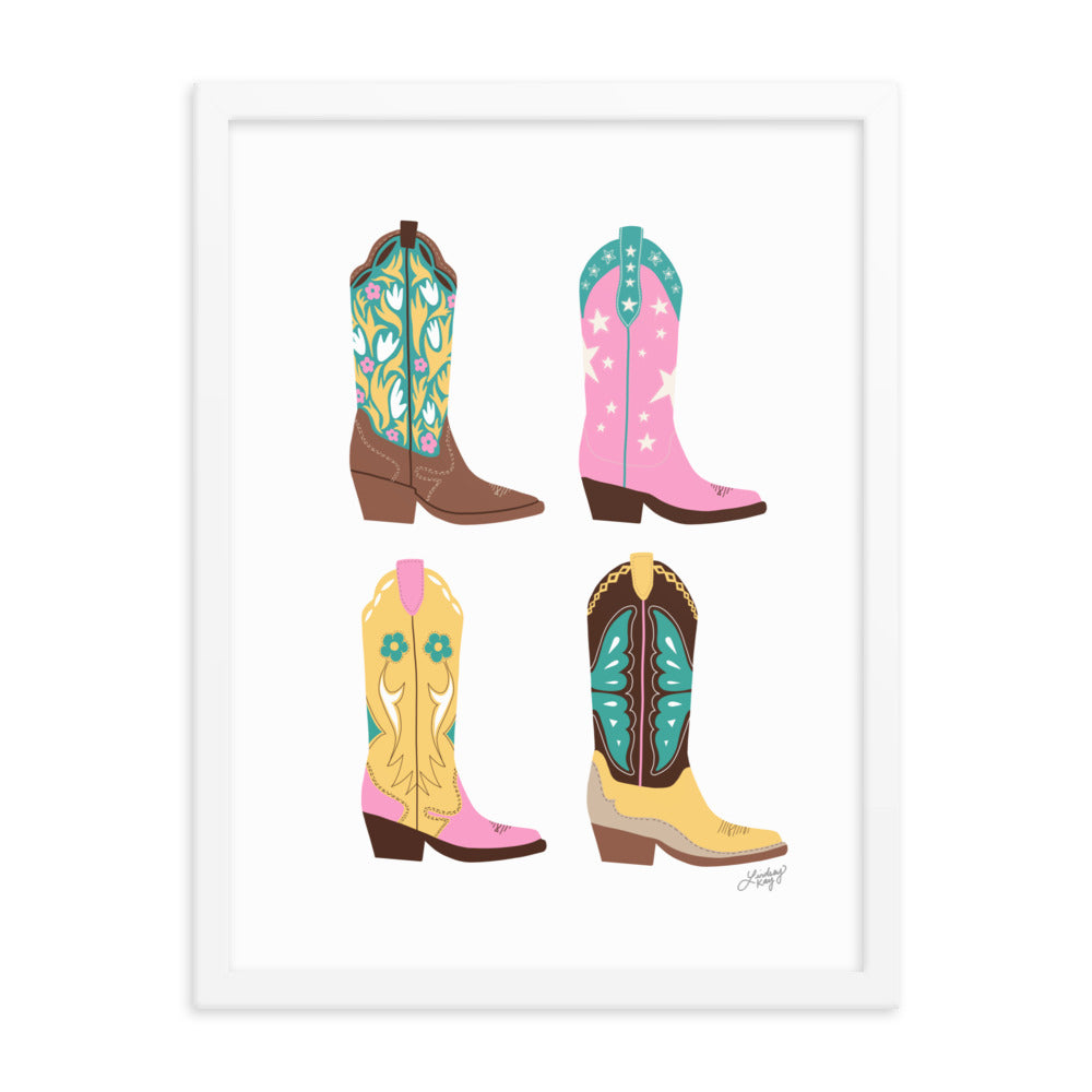 Ilustración de botas de vaquero (paleta rosa/amarillo/turquesa) - Impresión mate enmarcada