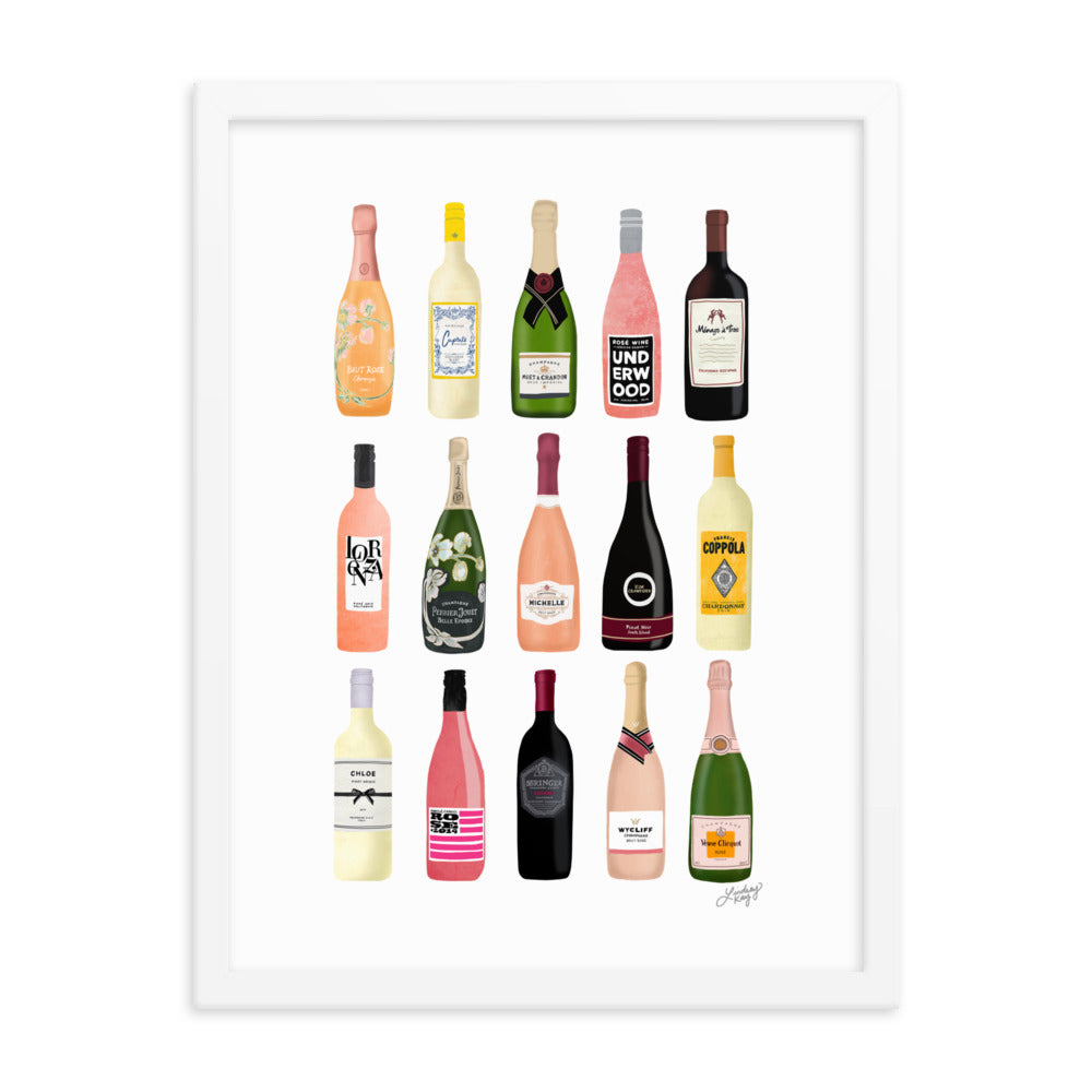 Illustration de bouteilles de vin et de champagne - Impression mate encadrée