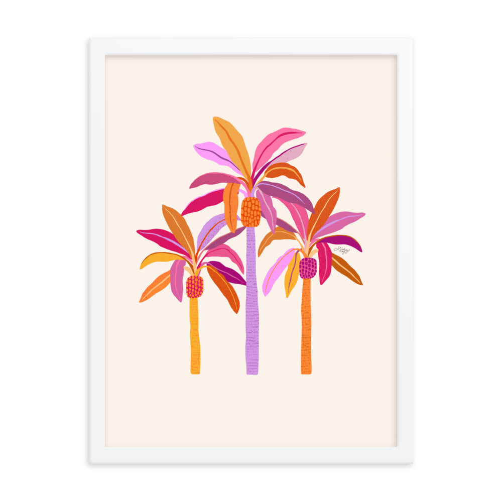 pink orange purple tropical palm tree illustration framed matte print white black or wood frame wall art 