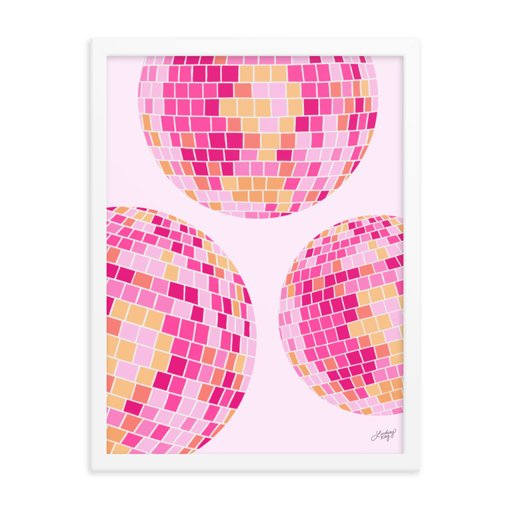 Disco Balls Illustration (Pink/Yellow Palette) - Framed Matte Print