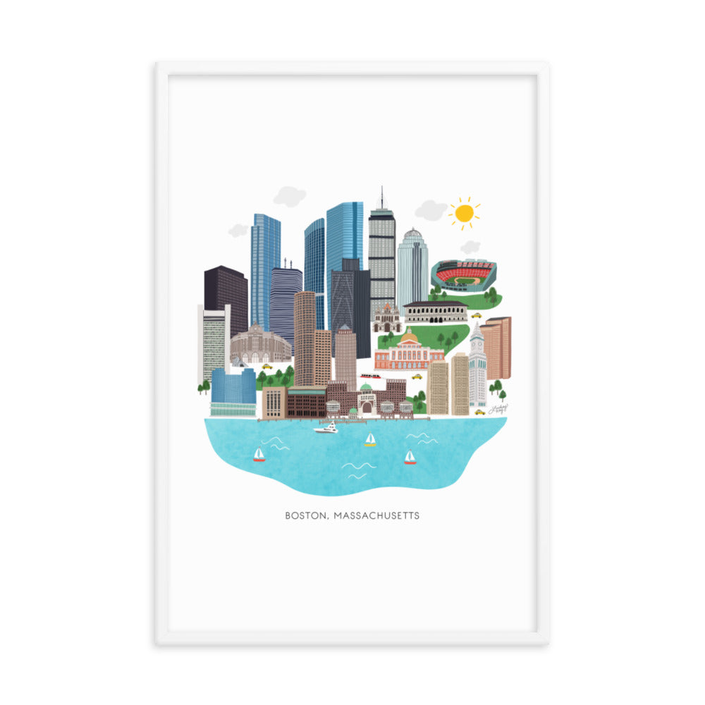 Boston Skyline Illustration - Impression mate encadrée