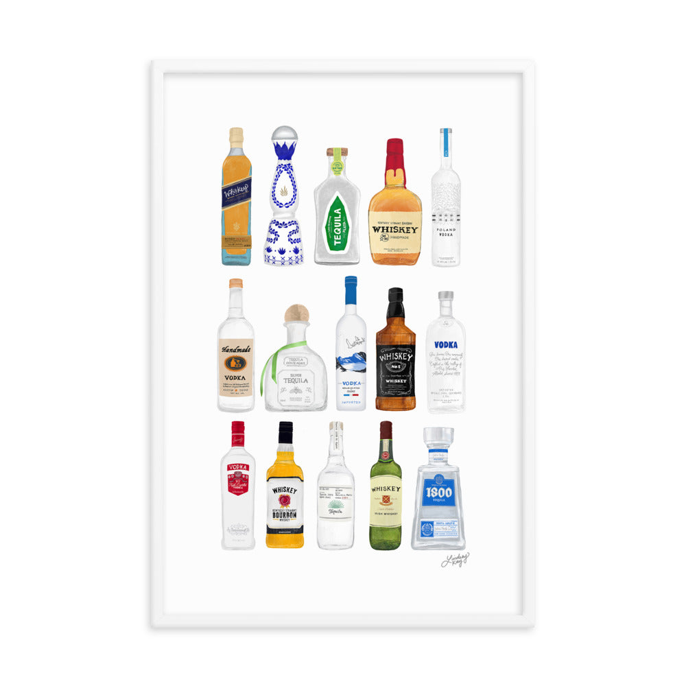 tequila whiskey vodka bottles illustration art print lindsey kay collective wall art framed poster man cave bar decor