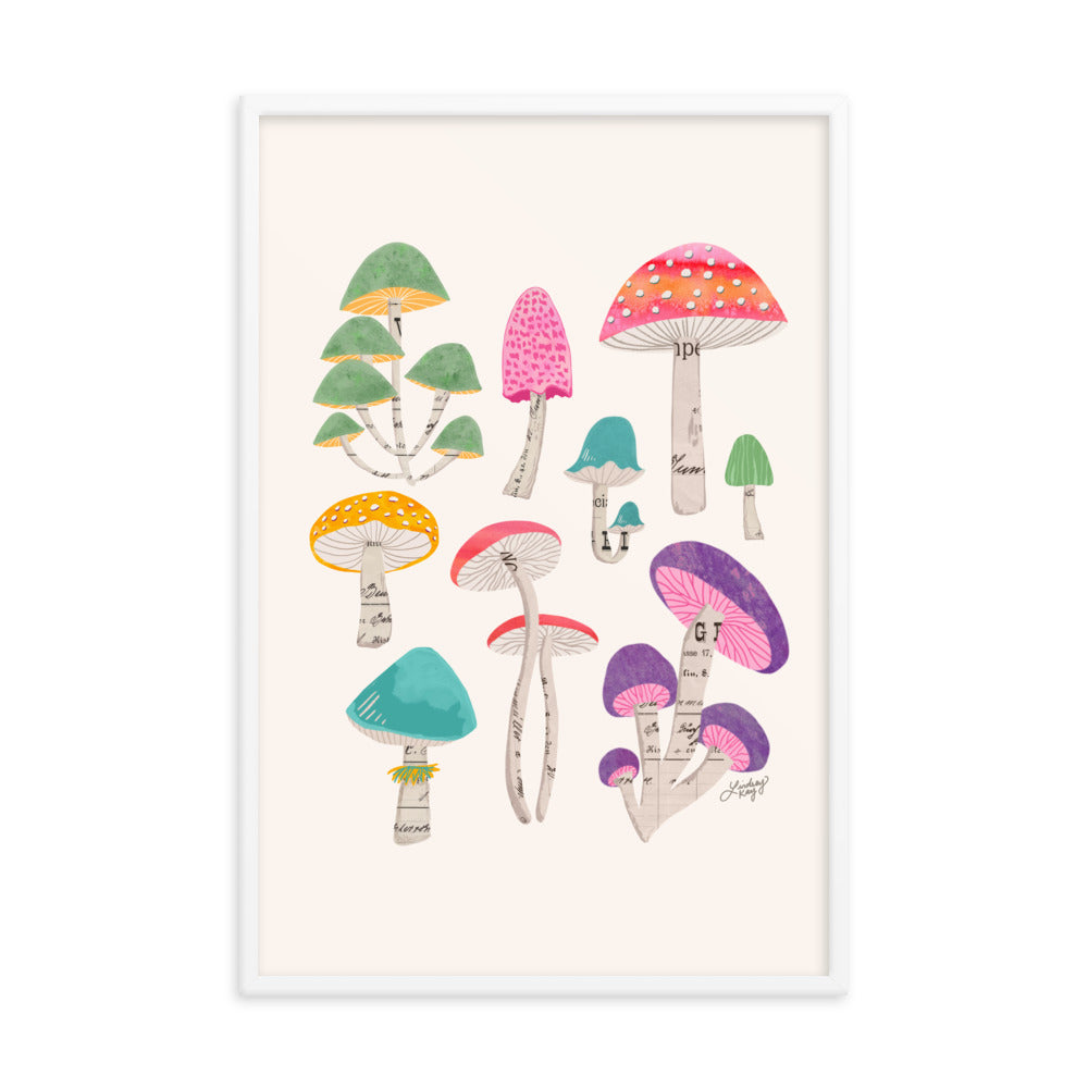 colorful mushrooms collage illustration art print nature wall decor lindsey kay collective framed wall art