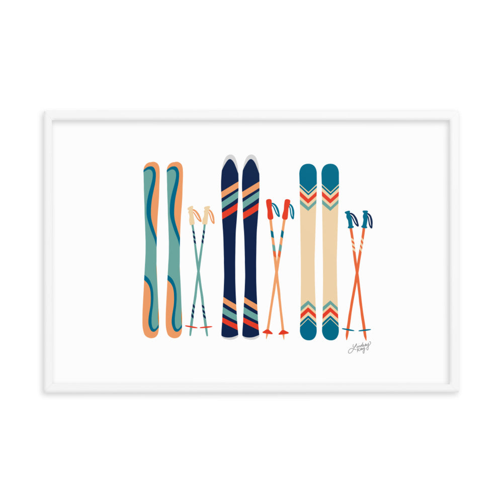 Illustration de ski (palette bleu sarcelle/bleu/orange) - Impression d'art paysager encadrée