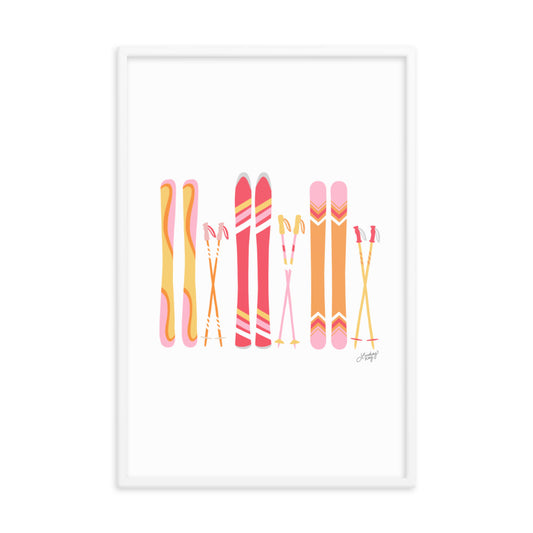 Framed art retro colors ski's illustration art print poster colorful cabin mountains decor pink yellow orange lindsey kay collective