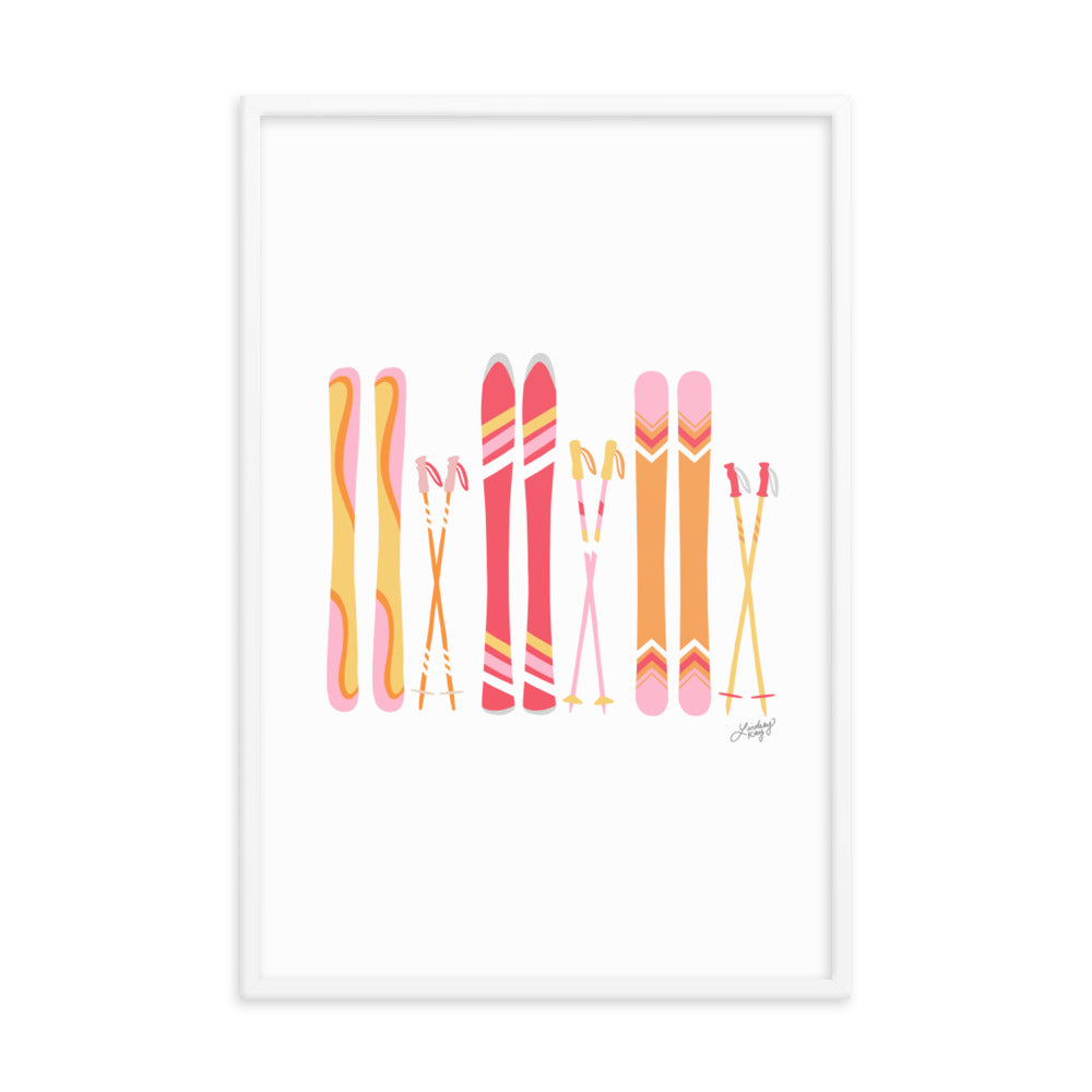 Framed art retro colors ski's illustration art print poster colorful cabin mountains decor pink yellow orange lindsey kay collective