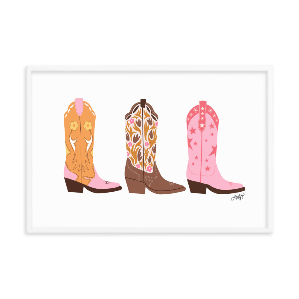 pink orange brown cowboy boots illustration warm palette wall art framed matte poster lindsey kay collective