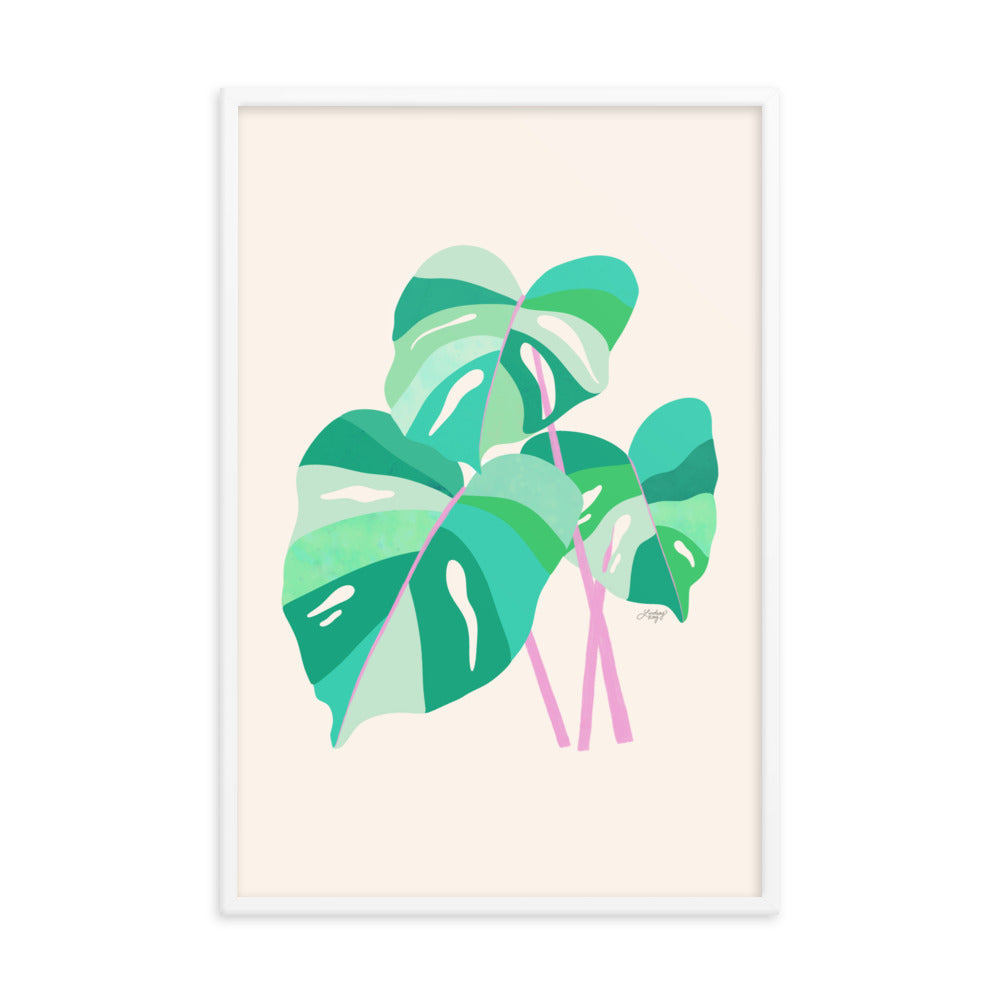 monstera plant teal green pink illustration artwork framed matte print wall art botanical decor lindsey kay collective