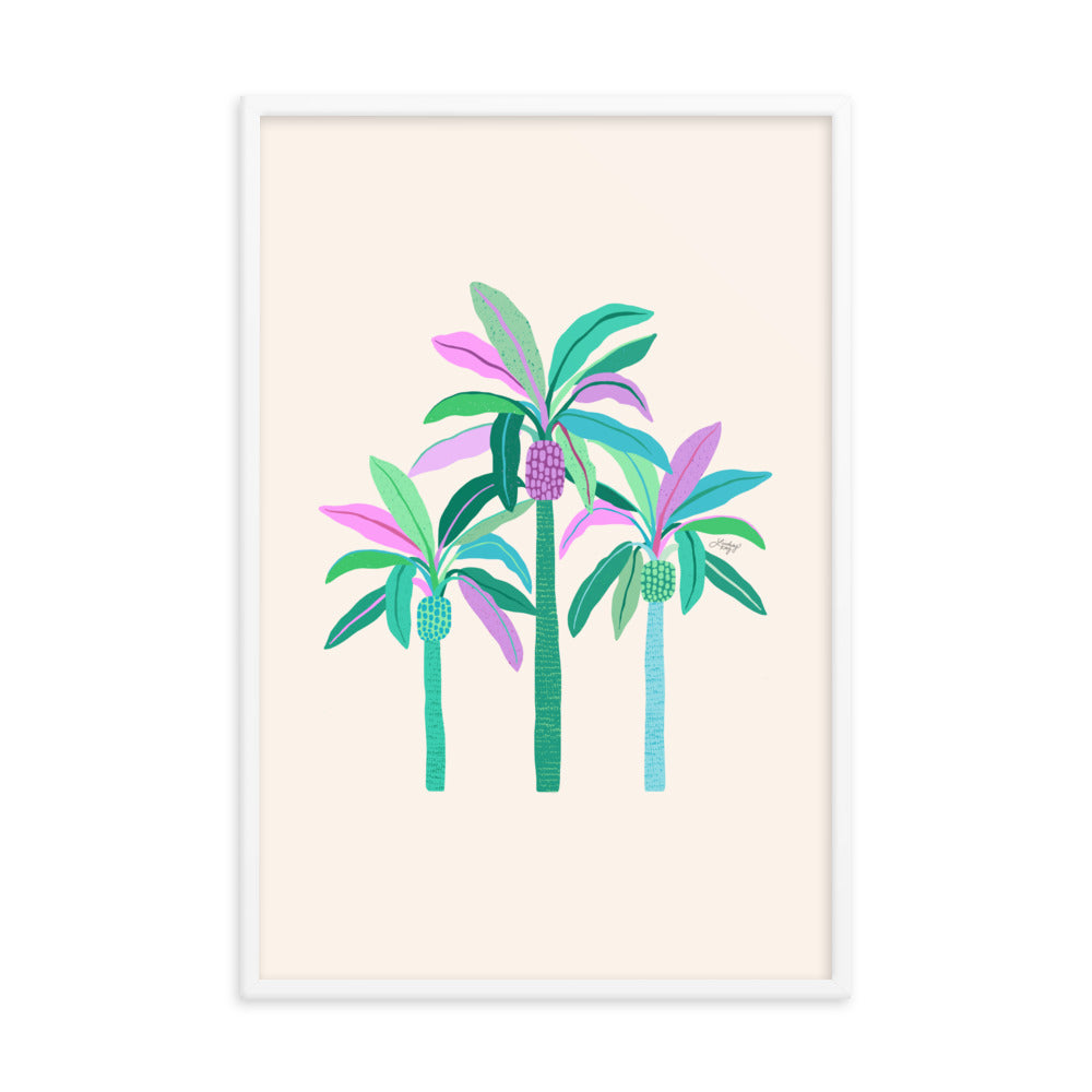 purple green blue palm tree illustration framed matte print tropical beach wall art decor