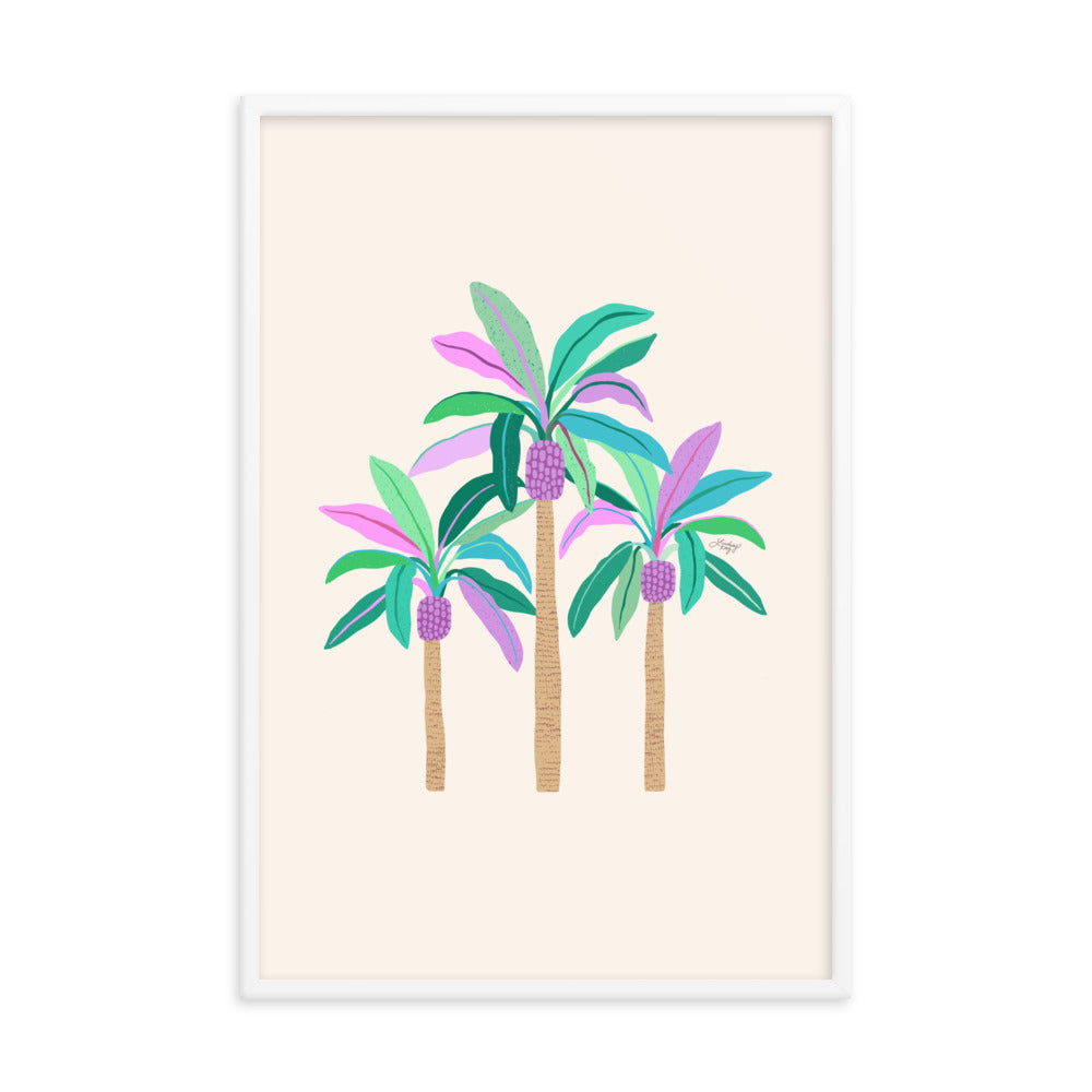 purple green blue palm tree illustration framed matte print tropical beach wall art decor