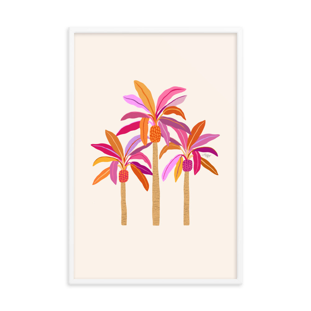 purple pink orange palm tree illustration framed matte print tropical beach wall art decor