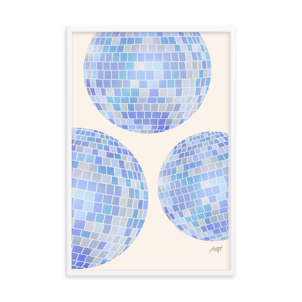 framed blue disco ball painting illustration art print poster retro wall art trendy lindsey kay collective