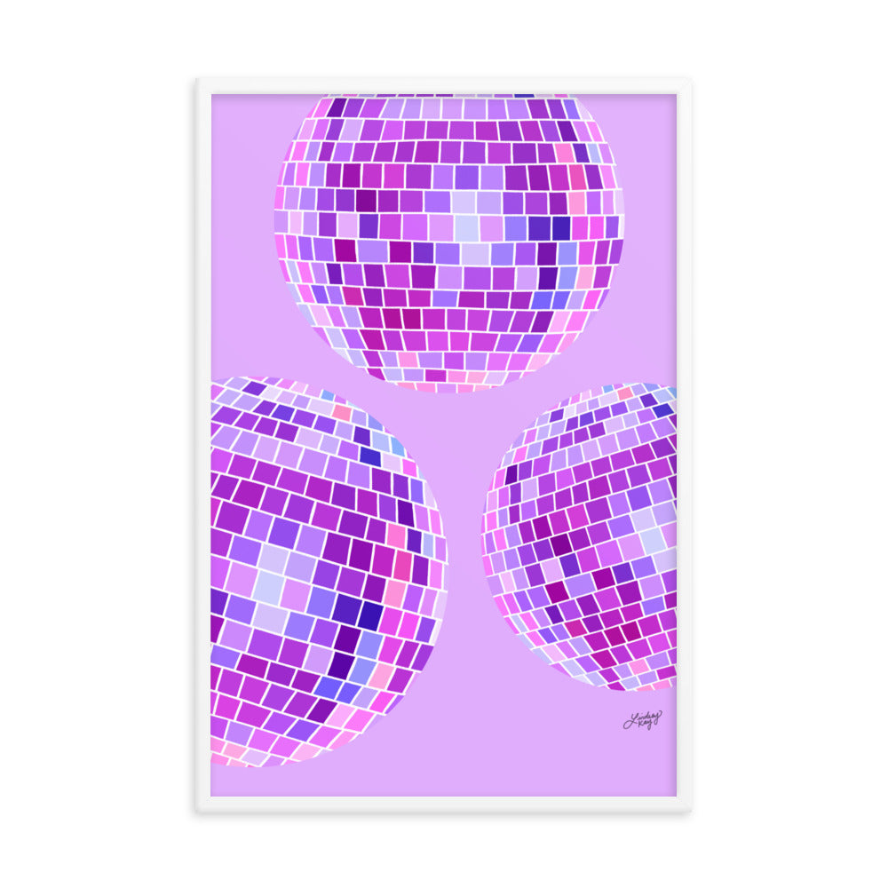 Framed hand-illustrated retro disco ball art print in vibrant colors on matte paper, available in white, black, or brown wood frame, 70s-inspired wall decor.