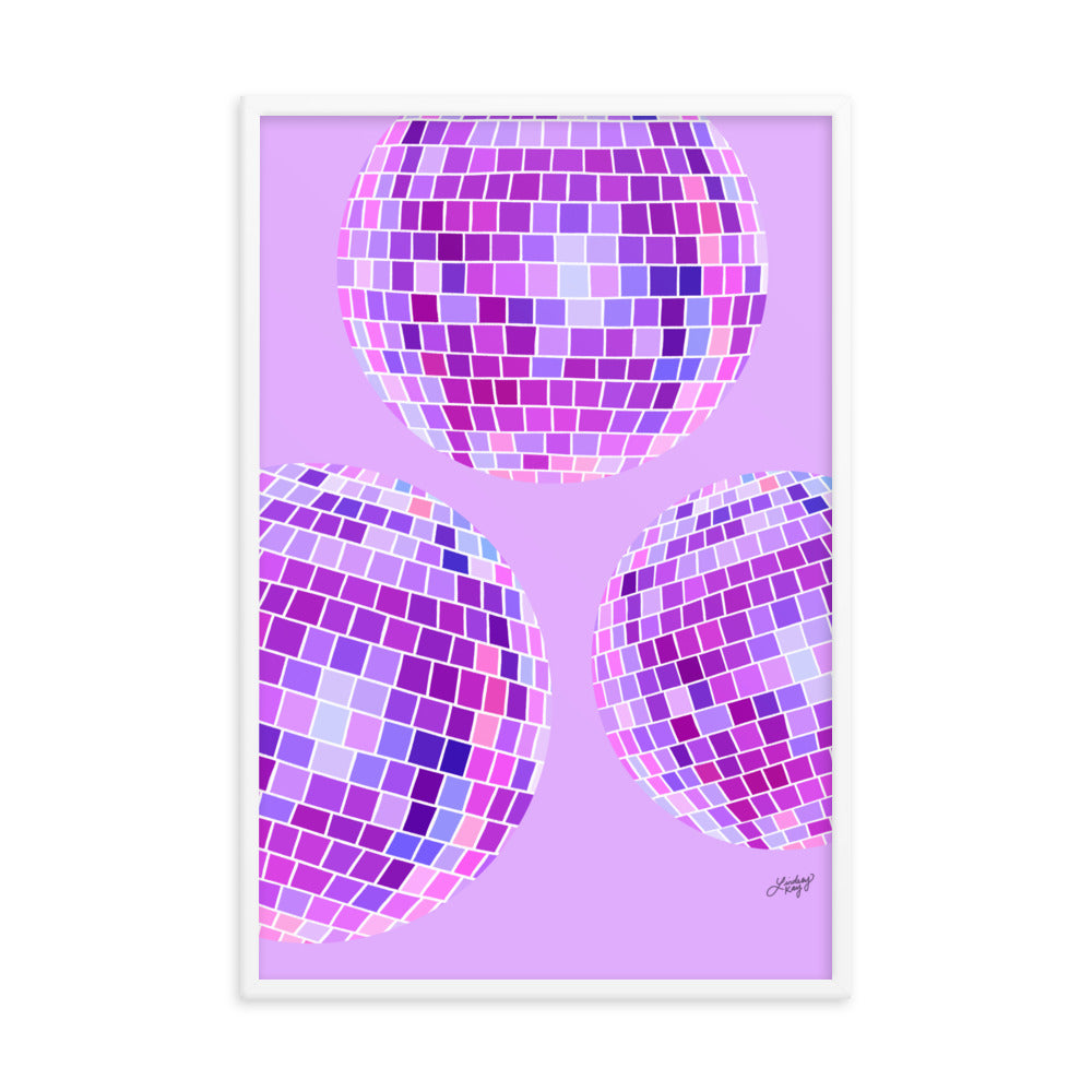 framed purple disco ball painting illustration art print poster retro wall art trendy lindsey kay collective