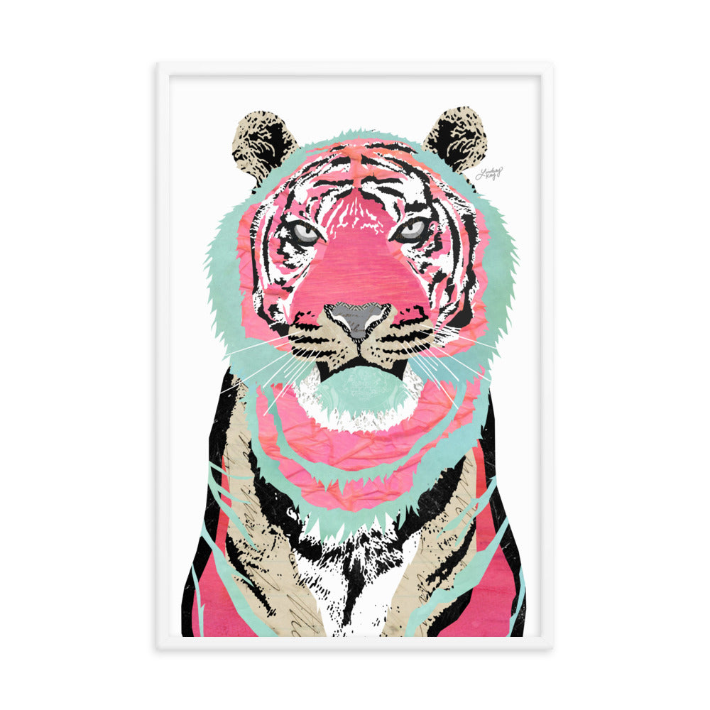 framed pink tiger illustration collage art print artwork lindsey kay collective