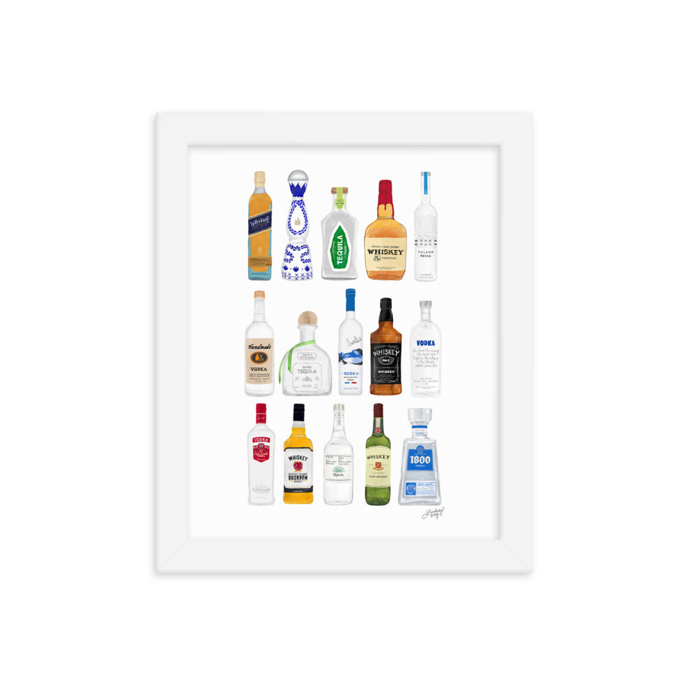 Whiskey, Tequila and Vodka Bottles Illustration - Framed Matte Print