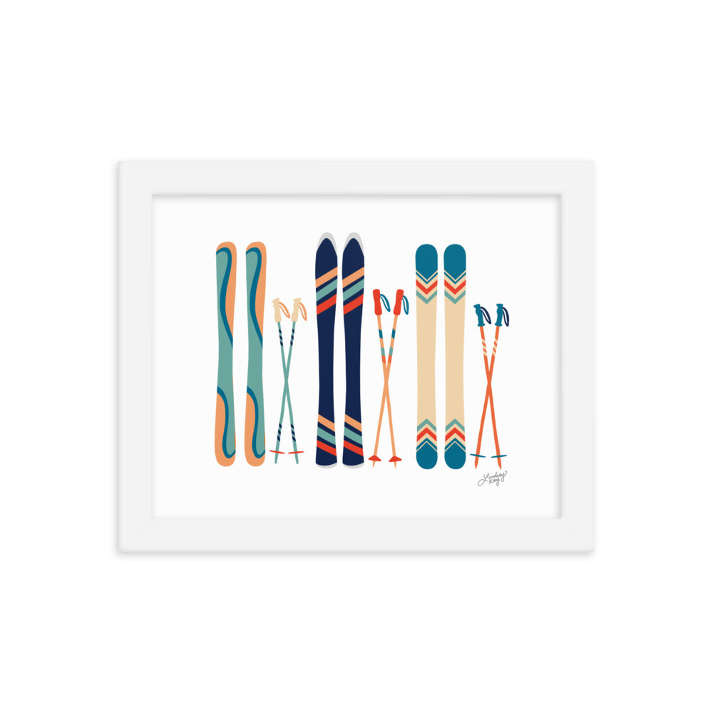 Illustration de ski (palette bleu sarcelle/bleu/orange) - Impression d'art paysager encadrée