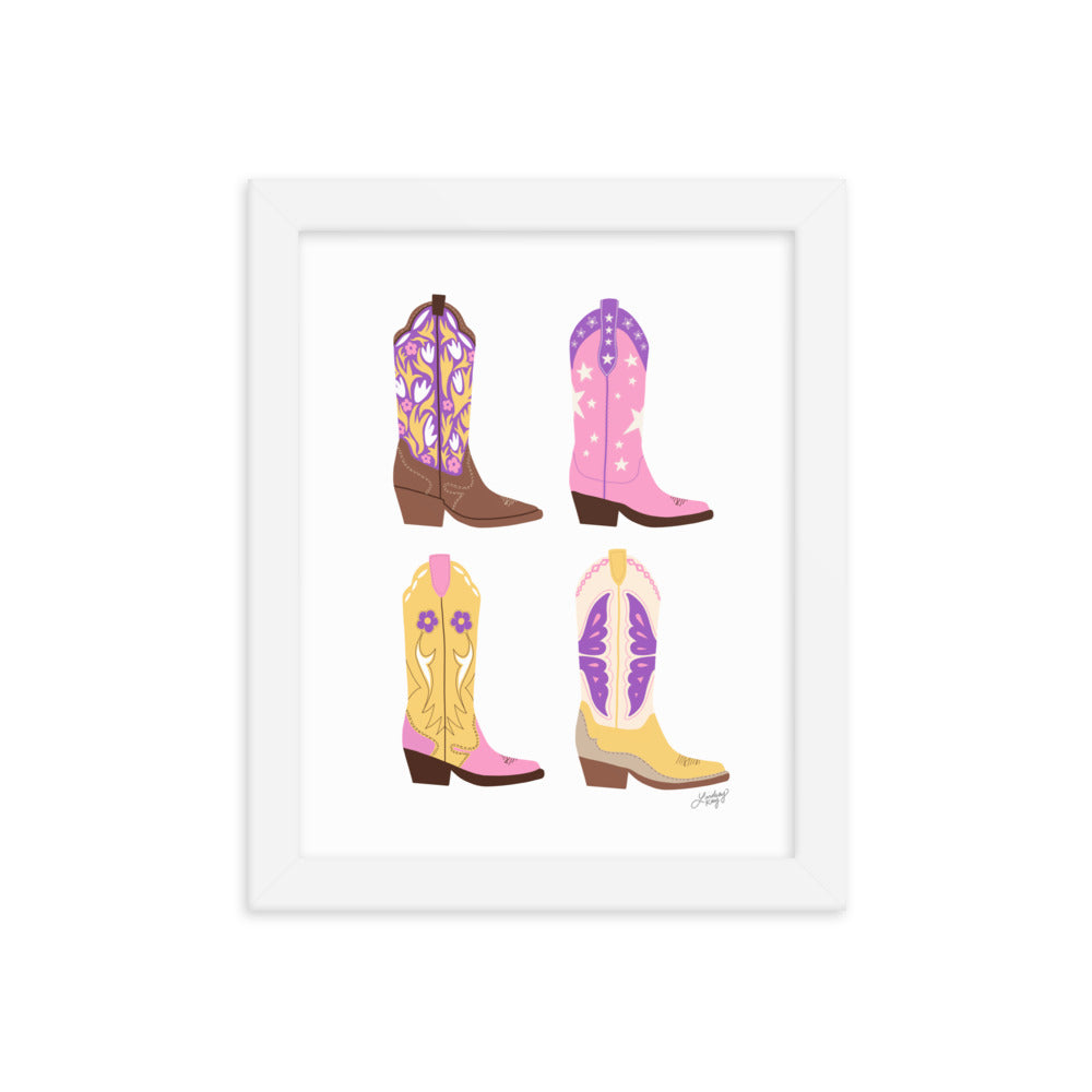 Ilustración de botas de vaquero (paleta rosa/púrpura/amarilla) - Impresión mate enmarcada