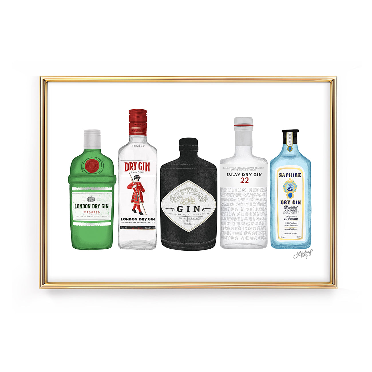 gin bottles illustration art print wall art bar cart alcohol gift bombay beefeater hendricks botanicals lindsey kay collective