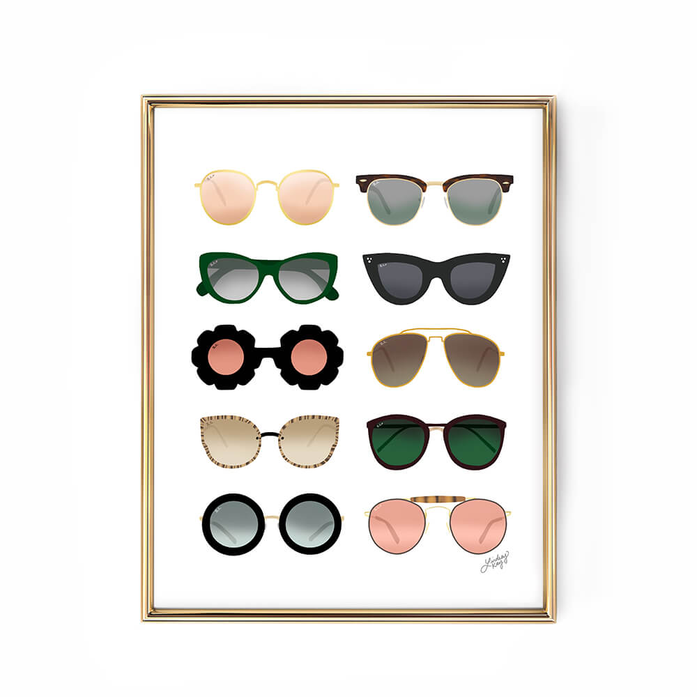 blue gold pink green sunglasses illustration art print lindsey kay collective