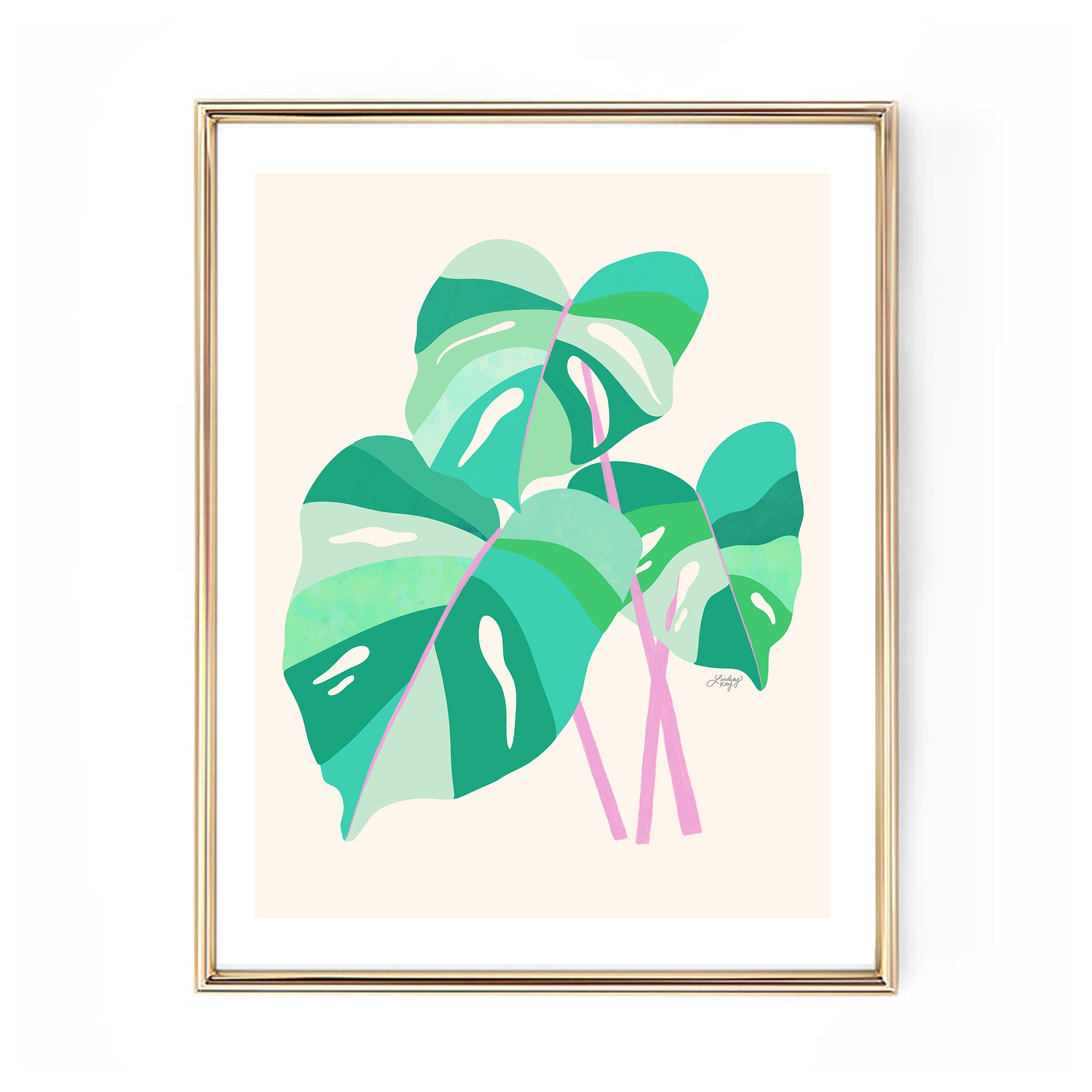 Hand-illustrated monstera plant art print by Lindsey Kay Collective – tropical plant wall art available in light green/lilac or pink/orange palettes – perfect for plant lovers, gallery walls, or colorful home decor – printed on enhanced matte paper with vibrant inks – available in 10 sizes