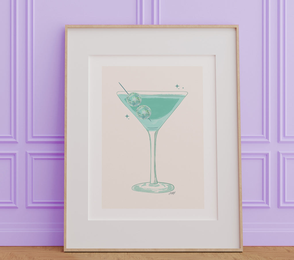 Disco Ball Martini Illustration (Green Palette) - Art Print