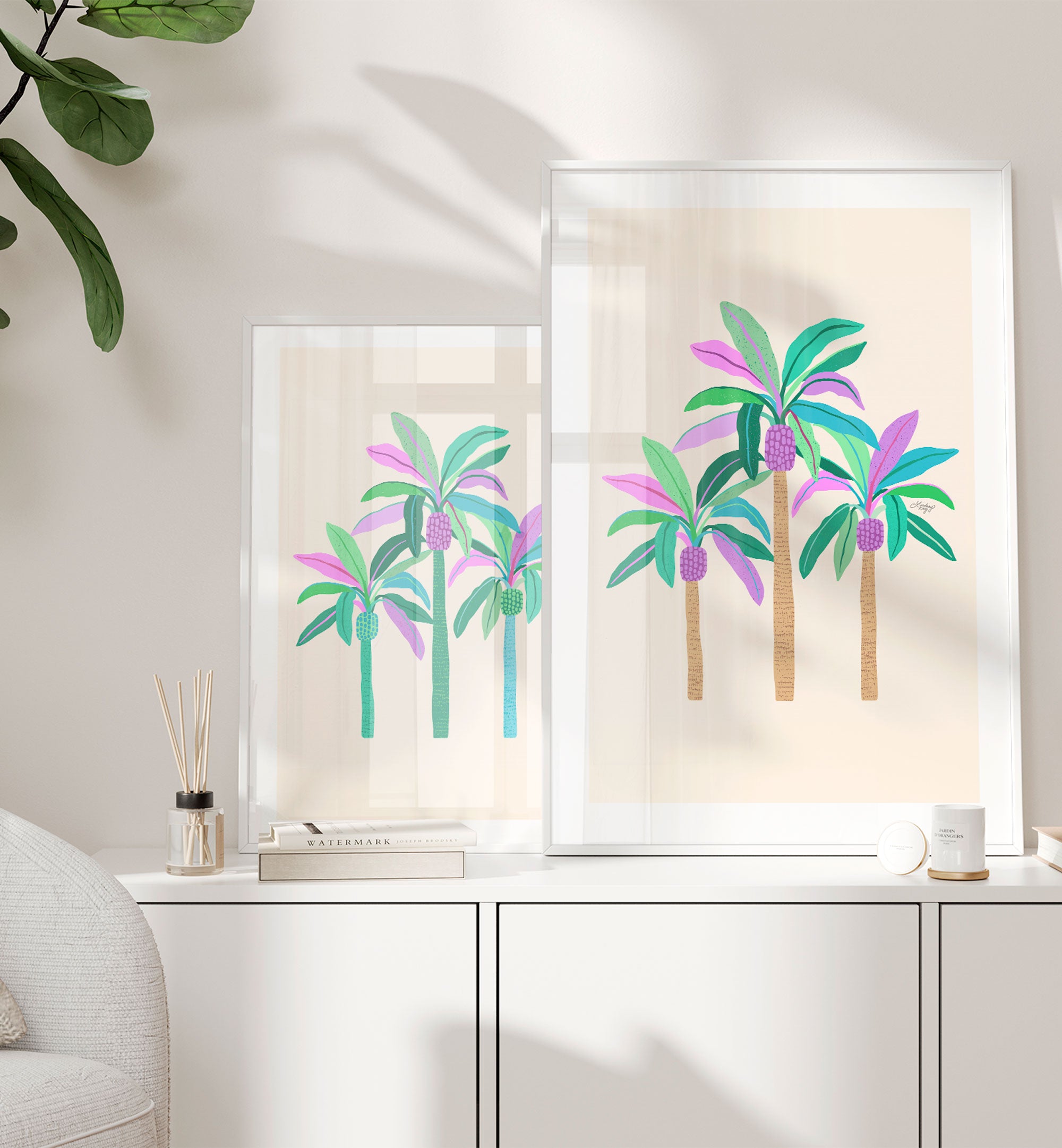 Ilustración de palmeras (paleta verde/púrpura/azul) - Impresión de arte