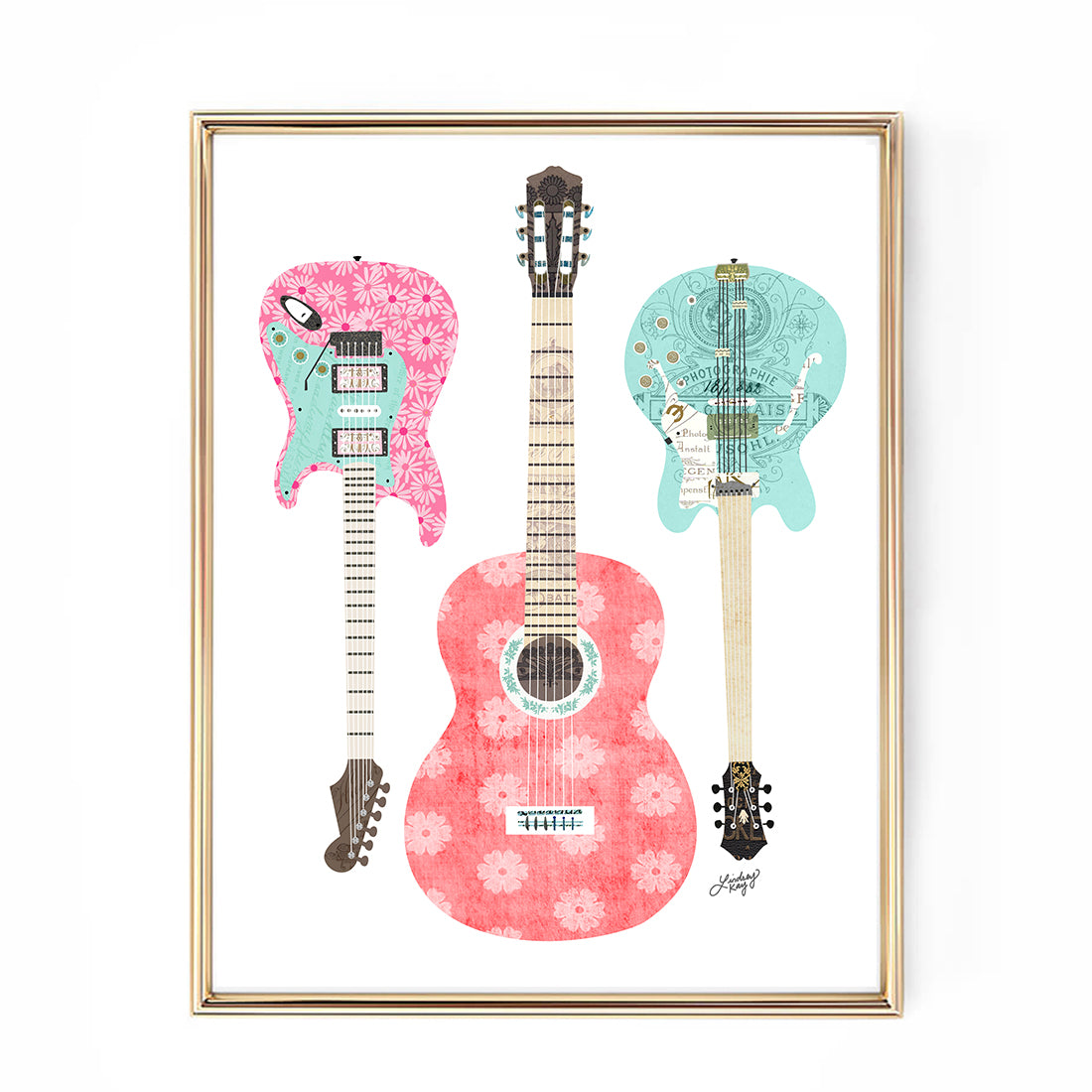 Retro guitar collage art print by Lindsey Kay Collective – digital mixed media artwork created with vintage found paper – available in three color palettes – perfect for music lovers, musicians, gallery walls, or first apartments – printed on enhanced matte paper with vibrant inks – available in 10 sizes