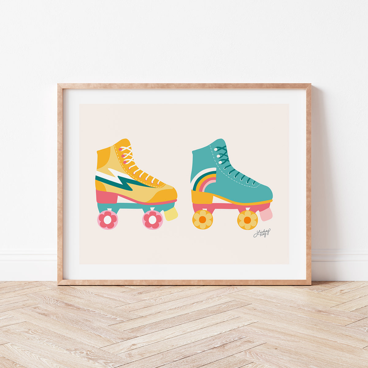 Illustration de patins à roulettes rétro (palette rose/jaune/turquoise) horizontale - Impression d'art