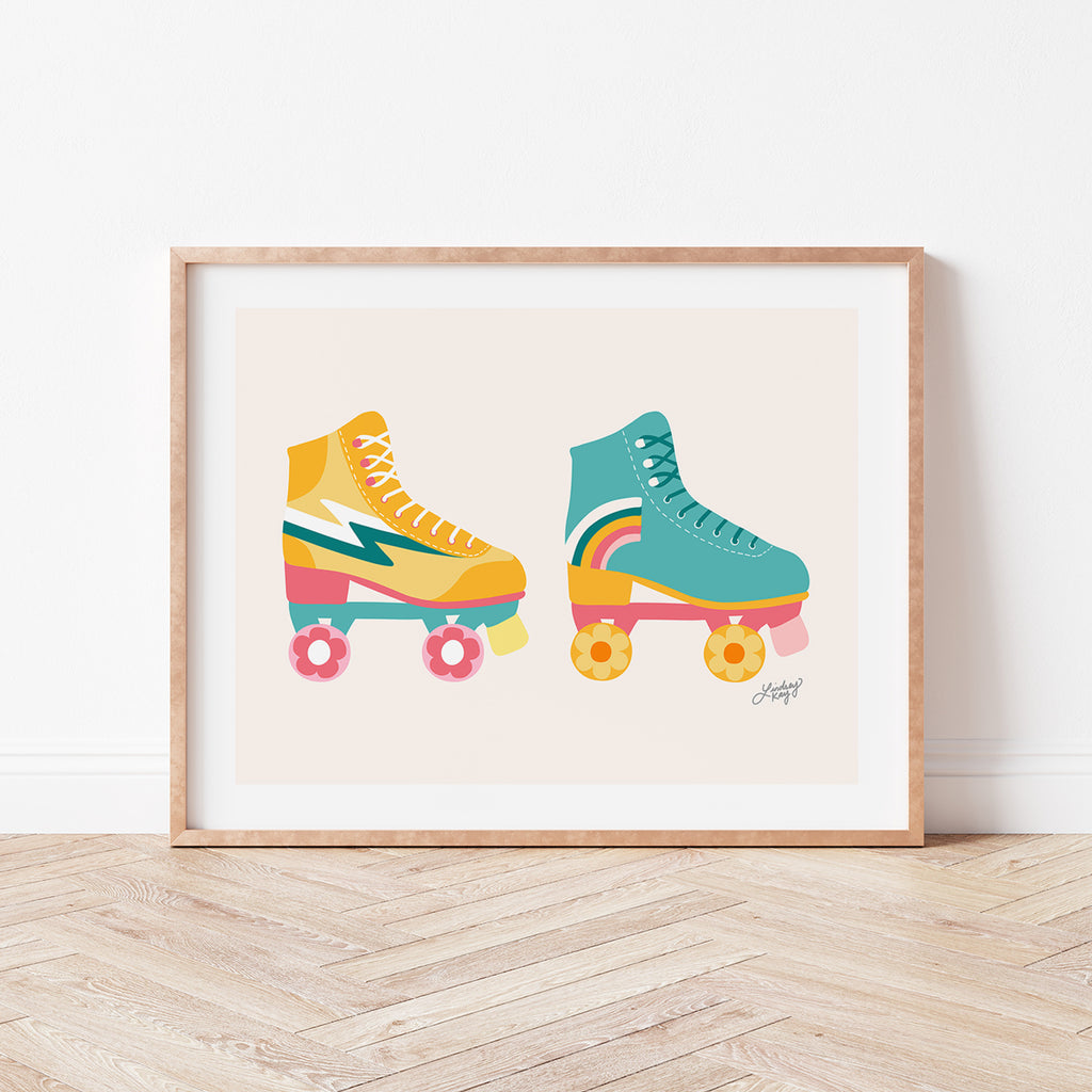 Retro Roller Skates Illustration (Pink/Yellow/Turquoise Palette) Horizontal - Art Print