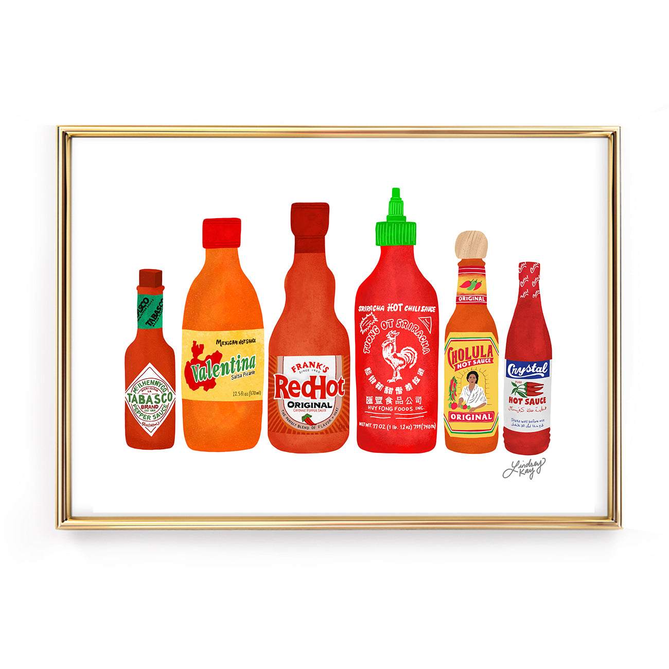 Hand drawn hot sauce bottles art print by Lindsey Kay Collective. Colorful kitchen wall art printed on high-quality enhanced matte paper. Perfect for foodies, spice lovers, and bold gallery wall décor. Available in multiple sizes.