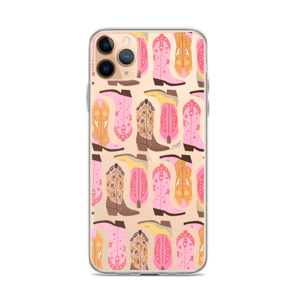 cowboy boots iphone clear phone case illustration pretty trendy fun pink orange yellow artwork lindsey kay collective