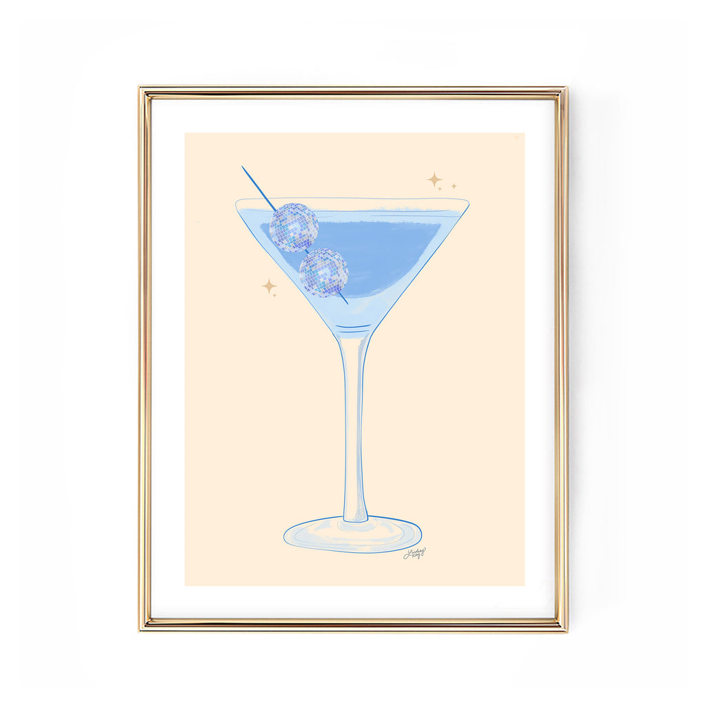disco ball martini glass blue yellow illustration party alcohol bart cart 70s art print wall art poster Lindsey Kay Collective