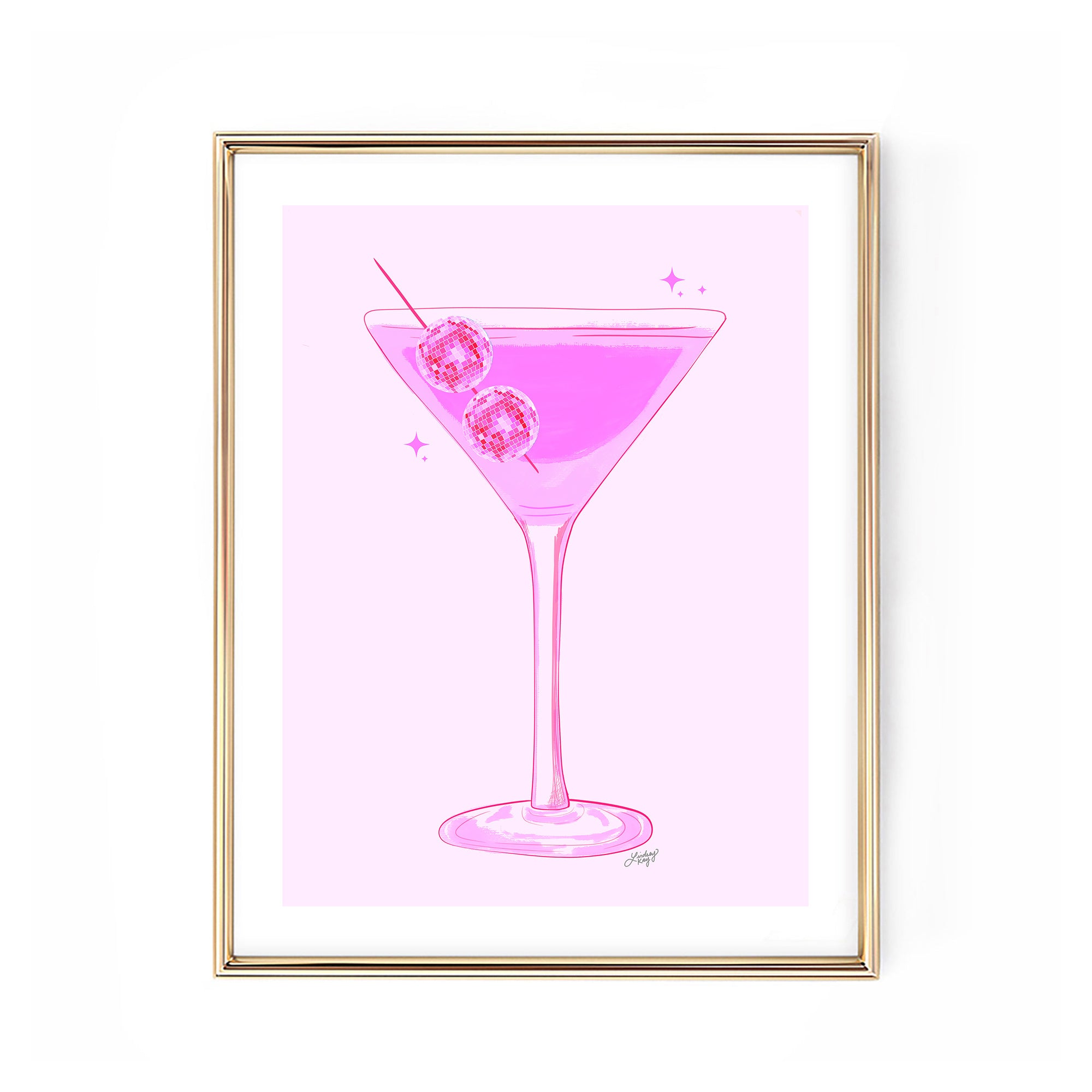 disco ball martini glass pink illustration party alcohol bart cart 70s art print wall art poster Lindsey Kay Collective